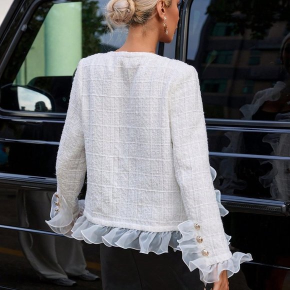 White Preppy Womens Ruffle Trim Flare Sleeve Double Breasted Tweed Overcoat - Picture 3 of 5